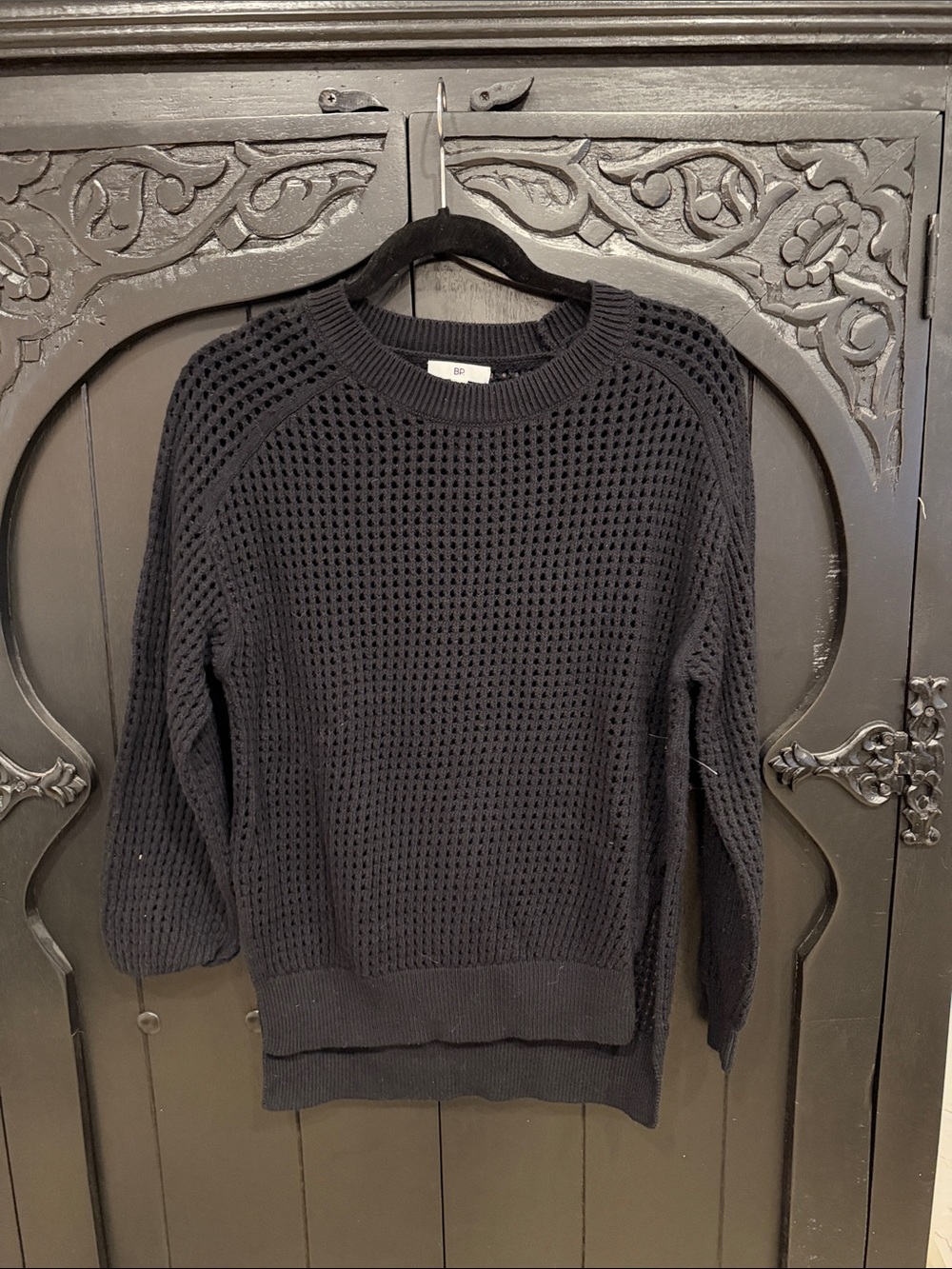 bp Black Open-Knit Crewneck Sweater